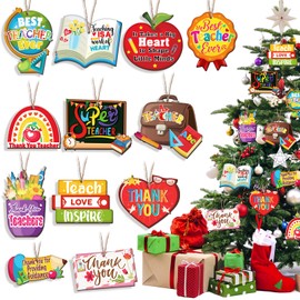 HOWAF 36pcs Christmas Teacher Appreciation Ornaments, Xmas Holiday Teacher Gifts Wood Hanging Ornament for Classroom Christmas Tree Decor, Christmas Holiday End of The Year Present for Teachers