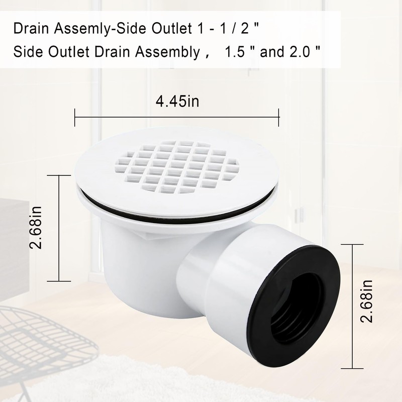 Low Profile Shower Drain, 2" PVC Side Outlet Drain Assembly