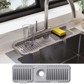 18 Inch Silicone Faucet Mat for Kitchen Sink Splash Guard – 2025 Upgraded Draining Mat with Water Tray Behind Faucet – Countertop Protectors to Catch Spills (Gray, 17.7" x 5.5")