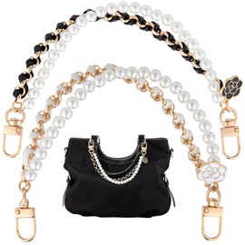 CustomyLife 2pcs Pearl Flower Purse Chain, Gold Black Short Handbag Strap Extender, Metal Shoulder Bag Charms Replacement for Women