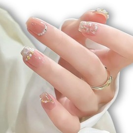 Nail Tips, Set of 24 Shorts, False Nails, Sparkle, 3D Shiny Nails, Finger Parts, Double Sided Tape, 48 Sticks, File, Alcohol Pad Included, Beige, Pink, Pearl