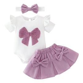DOMOABEI Baby Girl Clothes 6 Months Newborn Summer Clothes Cute Romper Short Sleeve Ruffle Cute Bow Embroidery Skirt With Bow Headband Infant Summer Outfits Set Purple 6-9 Months