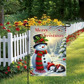 BlissYard Merry Christmas Garden Flag 12x18 Inch Double Sided Snowman Flags Red Green Scarf Cat Sleeping Snow Pine Tree Small Yard Flag Winter Decoration for Outdoor Porch Lawn Seasonal Display