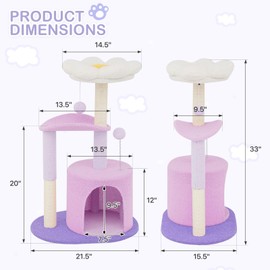 MoNiBloom 33" Flower Cat Tower, Cute Cat Activity Tree with Scratching Post for Indoor Kittens, Cozy Condo & Plush Perches, Purple