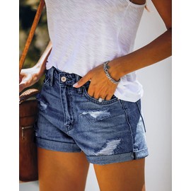 Alaster Queen Women's Denim Shorts Medium Waist Crimping Hotpants Ripped Denim Shorts for Summer, C-305 Blue