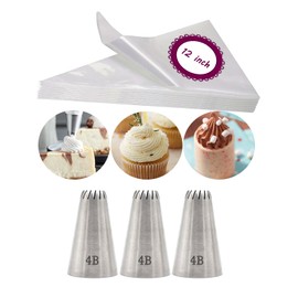 4B Piping Tip and Bag Set, 4B Open Star Tip with 12 inch Disposable Piping Bag for Cupcakes, Cakes, Cookies & Pastry Decorating
