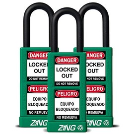 ZING 7090 RecycLock Safety Padlock, Keyed Alike,1-1/2" Shackle, 3" Long Body, Green, 3 Pack
