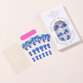 Short Square Press on Toenails, Blue Toe Nail Press ons Retro Flower Fake Toenails Summer Toe Nail Tips Full Cover Seamless Fit Toe Nails Glue on False Toenails Kits for Women Nail Decorations 24PCS