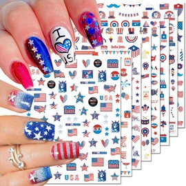 BSBTBZ 8PCS Independence Day Nail Art Sticker 4th of July Nail Decals 3D Self-Adhesive USA Flags Heart Star Stripe Nail Designs Memorial Day Nail Supplies American