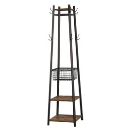 VECELO Industrial Coat Rack,Enterway Clothes Stand with 2 Tier Storage Shelves and Metal Basket,Upgrade Hall Trees with 8 Dual Hooks,Antique Brown