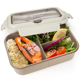 Fanhaw 40 Oz/5 Cup Bento Box for Kids, Men and Women, Lunch Box with 3 Compartments, Utensil, Microwave & Dishwasher Safe (Brown)