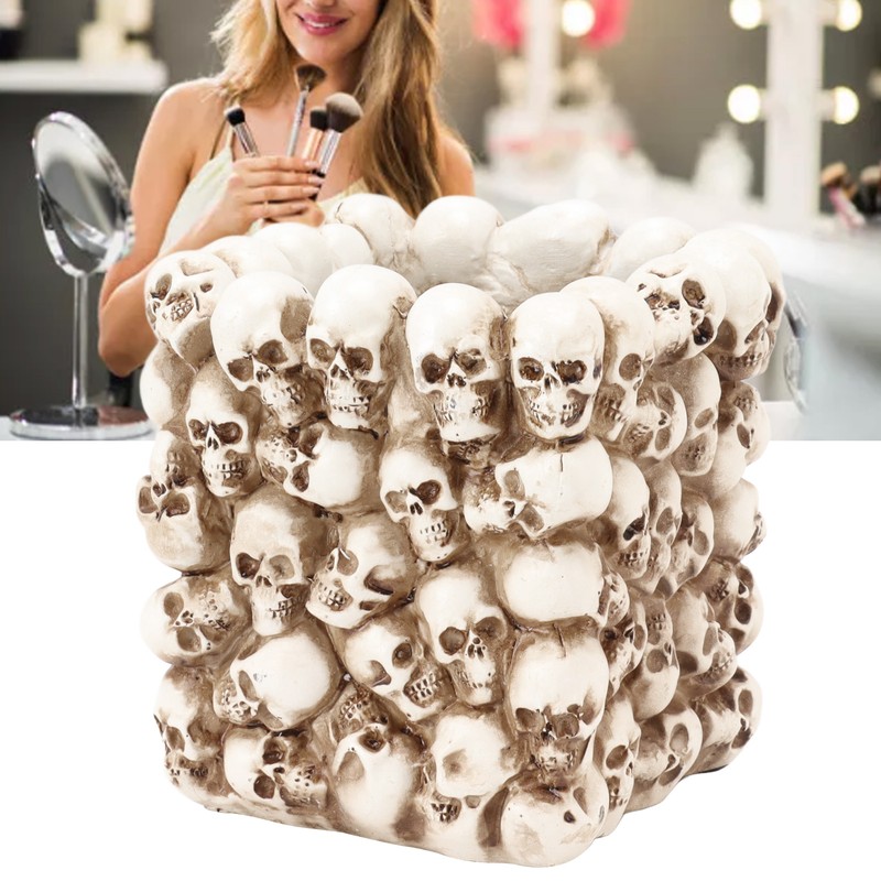 Skull Pen Holder White Resin Makeup Brush Holder Organiser Decoration