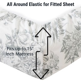 HLC.ME Rose Toile Floral Bed Sheets - 4 Piece Bed Sheet Set - Wrinkle Resistant & Ultra Soft - Fits Mattresses up to 15 Inches Deep (Queen, Grey)