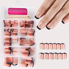 120 Pcs Black French Tip Press on Nails Short Square Fake Full Cover Glossy False Acrylic Glue on Artificial Nail & Glue Adhesive Tabs for Women Girls Manicure