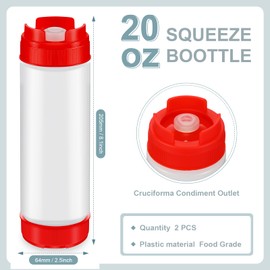 Didaey 2 Pcs 20 oz Inverted Plastic Squeeze Bottles, Refillable Tip Large Valve Dispenser Condiment Squeeze Bottle for Sauces Ketchup Sour Cream Self Sealing Syrup Dispenser for Restaurants (Red)