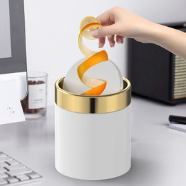 Mbillion Tabletop Trash Can Small Stylish Trash Can with Lid Sanitary Box Raw Trash Can Mini Round Trash Can 360 Degree Rotation Stainless Steel Dust Bin Bedroom Office Bathroom Interior White (Gift