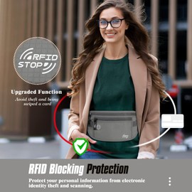 MoKo Reise Bauchtasche， Versteckte Geldgürtel Reise Gürteltasche Tasche Taille für Damen und Herren, wasserdichte Hüfttasche mit Kopfhöreranschluss, Grau