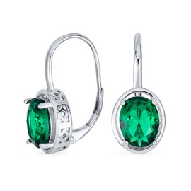 AAA Cubic Zirconia Simulated Emerald Green Birthstone 3.60 Ct. Oval 9X7MM CZ .925 Sterling Silver Vintage Filigree Style Dangle Drop Earrings For Women Lever Back