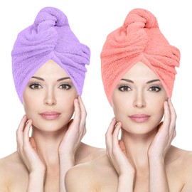 Glamza Microfibre Hair Towel Wrap Super Absorbing Twist Turban Hair Wrap with Buttons for Fast Drying Hair (2 PACK (SMALL) - PINK & PURPLE)