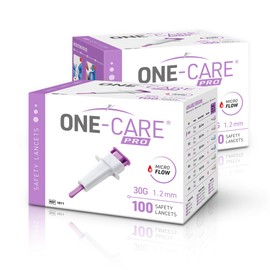 ONE-CARE PRO Safety Lancets, Top Push Button Activated, 30G x 1.2mm, 100/bx, Sterile, Gentle & Comfortable Sampling