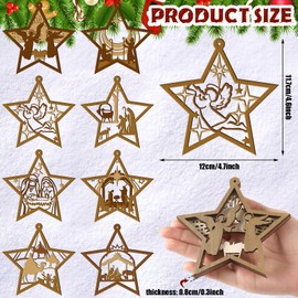 8 Pcs Christmas Nativity Scene Ornament Wooden Hanging Ornament Multilayer Religious Gifts Hanging Jesus Ornament Nativity Christmas Decorations Shaped Nativity Scene Keepsake for Xmas Tree (Star)
