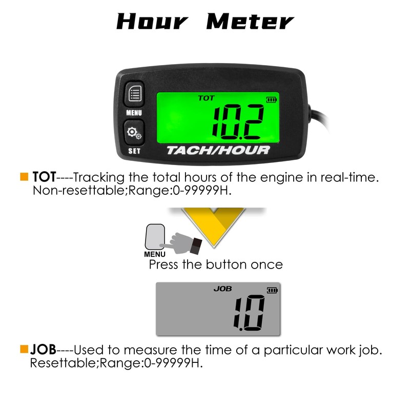 NInE-ROnG Self Powered Digital Tachometer Hour Meter,Inductive Maintenance Waterproof Backlit