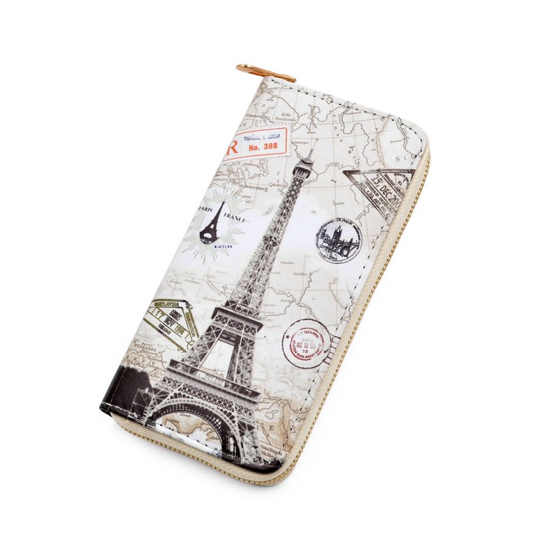 Premium Eiffel Tower & Map Print PU Leather Long Continental