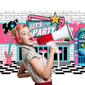 SVBright 50's Let's Party Backdrop 7Wx5H Rural Vintage Soda Shop White Black Plaid Pink Guitar Music Star Rocking Party Decorations Photography Background Banner Photo Booth Studio