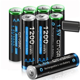 CITYORK Type-C USB 4 Pack 1.5 V AA 3000mWh and 4 Pack AAA 1200mWh Lion Rechargeable Battery, Constant Output and Fast Charging (Include Type-C USB Cable)