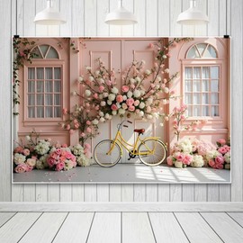 Leowefowa 10x8ft Spring Pink Flowers Backdrop Pink Floral Window Wedding Ceremony Anniversary Background Romantic Flower Shop Arch Bicycle Wedding Girl Party Banner Decor Photo Supplies Prop