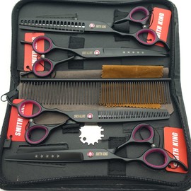 7.0 inches Professional Dog Grooming Scissors Set Straight & thinning & Curved & chunkers & comb 5pcs in 1 Set for left-handed & right handed Black