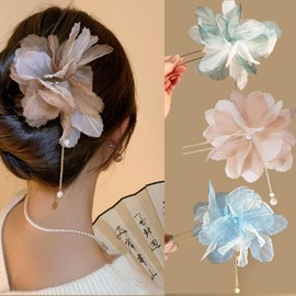 Chiffon Flower U-Shaped Pins Silk Floral Hair Clips Flower Pearl Tassel U-Shaped Hair Pins for Women Girls Hanfu Birthday Party Hair Accessories
