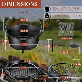 Joyfair 7qt Camp Dutch Oven Set of 4, Pre-seasoned Cast Iron Pot & Griddle Skillet, Campfire Accessories For Stewing Casserole/baking Sourdough Bread, Including Lid Lifter/Iron Stand/Cleaner