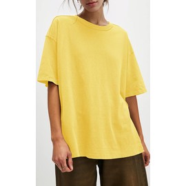 UNCLECAT Womens Oversized T Shirts Summer Trendy Short Sleeve Crew Neck Tops Loose Fit Side Slit Tee Yellow