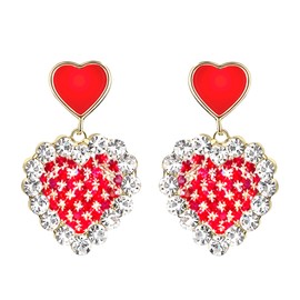 Love Heart Dangle Earrings, Sparkly Tassel Earrings Mother's Day Gift for Mom, Crystal Earrings for Women (Red Heart)