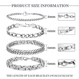 LOCCY Men's Bracelet, 4 Pieces Silver Stainless Steel Men's Bracelets, Curb Chain Bracelet, Byzantine Chain Bracelets, Figaro Chain, Link Bracelet for Men, Boys, Dad, Son, Hus, Stainless Steel