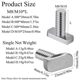 A, 10 Pieces T Rail Bolts Complete Set for Pro Ride Bike Carrier, Hammer Head T Bolts with Hex Flange Nuts, for Aluminium Profile & Photovoltaic Solar Panels