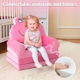 Kids Sofa Comfy, Adorable Animal Toddler Chair, Foldable Kids Couch with Removable Washable Cover, Soft & Breathable Fabric, No Assembly Needed, Foldable Baby Sofa(Pink Frog)
