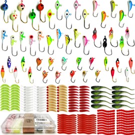 VMSIXVM Ice Fishing Jigs Ice Fishing Lures, Glow Micro Ice Jig Heads Hooks Winter Jig Soft Plastic Worm Baits kit for Crappie Walleye Panfish, Ice Fishing Gear Equipment Tackle Accessories