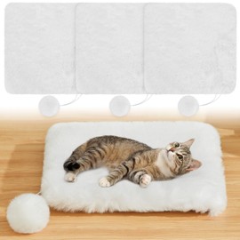 Abbylike 3 Pack 11.8" Square Cat Dog Bed Cushion Pad Mat Faux Rabbit Fur Pet Bed with Ball Anti Slip Soft Washable Cat Tree Tower Replacement Cushion Pad for Crate Cage Carrier Window Perch, White