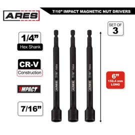 ARES 27010-3-Piece 7/16-Inch Magnetic Impact Nut Driver Bit Set - 6-Inch Length - Impact Grade Nut Setters with Industrial Strength Magnets