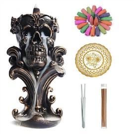 Comeon Backflow Incense Holder Burner Resin Skull Incense Burner Waterfall Incense Burner Home Decor + 20 Backflow Incense Cones + 30 Incense Sticks +1 Tweezer +1 Mat（Metallic Gold）