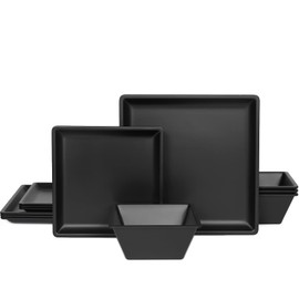 12 Piece Melamine Plates and Bowls Sets Square Dinner Set with Plates, Dishes, Bowls, Black Square Dinnerware Sets -Serving Platers for 4 Dishwasher Safe