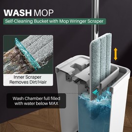JOYMOOP Mop and Bucket with Wringer Set, White Flat Squeeze Mop Bucket Set for Floor Cleaning, Wet Dry Mops for Walls, Wall Cleaner with Long Handle, Hardwood Floor Mop-5 Microfiber Cloths