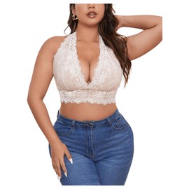 SOLY HUX Women's Plus Size Bras Lace Wireless Bra Halter Comfort Bralette Solid Apricot 3XL