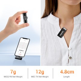 Godox WES 2 KIT2 2.4G Wireless Microphone with Noise Reduction Compatible with Type-C/Android, 1 Receiver 2 Transmitter Microphones, Suitable for Smartphones, Tablets for Vlogging, Livestreaming