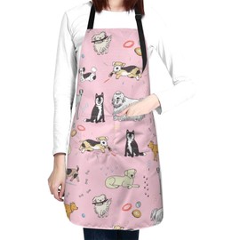 Perinsto Cute Dogs Animal (Pink) Waterproof Apron With 2 Pockets Kitchen Chef Aprons Bibs For Cooking Baking Painting Gardening Grooming