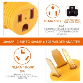 Kanayu NEMA 10-30P to 6-50R Adapter 30 Amp Dryer to 50 Amp Welder Adapter 240V Receptacle 3 Prong to 3 Prong Generator Welder Dryer EV Charger Power Plug, Yellow