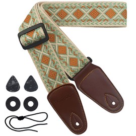 HOWROCK Guitar Strap Adjustable 35" – 59" Bass Electric Acoustic White Jacquard Embroidery for Guitarists (Argyle, Green Coffee)