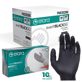 Elara FNE302BK EverfitBLACK3G Nitrile Disposable Gloves, 3 mil, Black, Powder Free, Food Safe, Non-Latex, Size Medium, Case of 1000